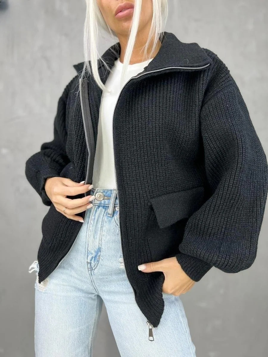 Strickjacke Lockere Passform Rippmuster Reißverschluss