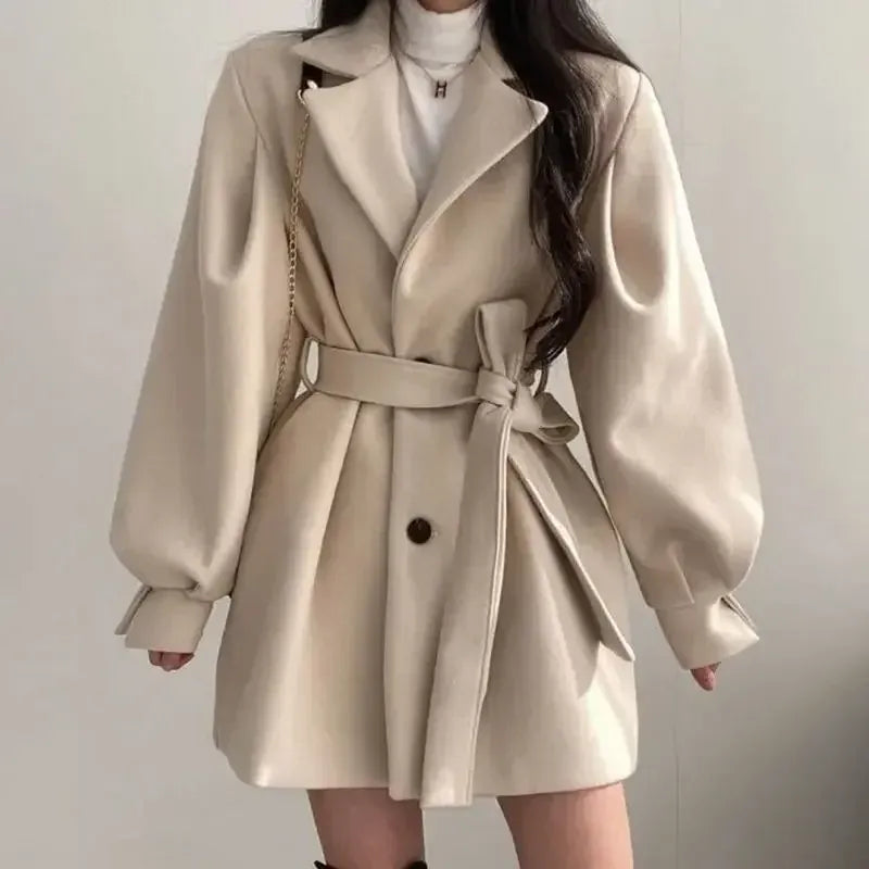 Damen Trenchcoat Wolle Mischung Tailliert Mittellang