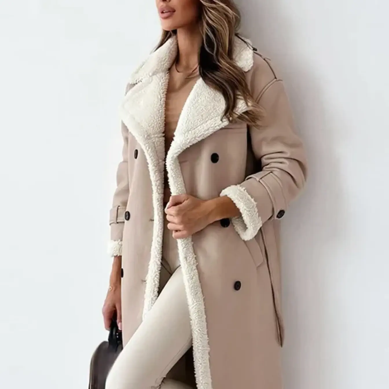 Luxus Trenchcoat Lang Shearling Gefüttert Winter