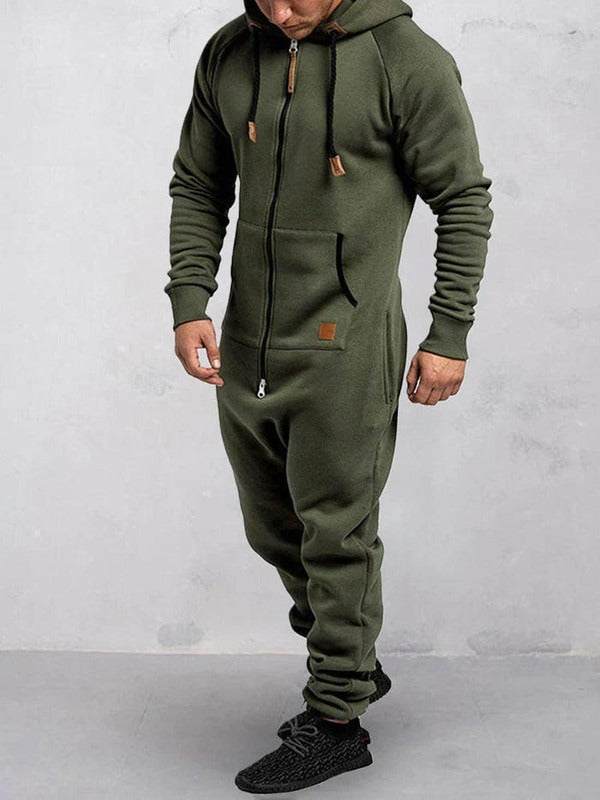 Lässige Fleece Jumpsuit Kapuze Reißverschluss Taschen