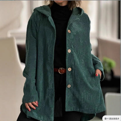 Klassisches Cordkleid Lässig Kapuze Knöpfe Knielang