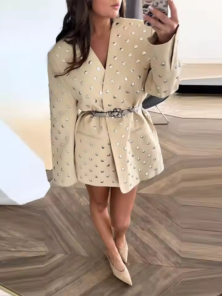 Lässige Jacke Offene Vorderseite Mit Gürtel Nieten Look - IdealeKleiden