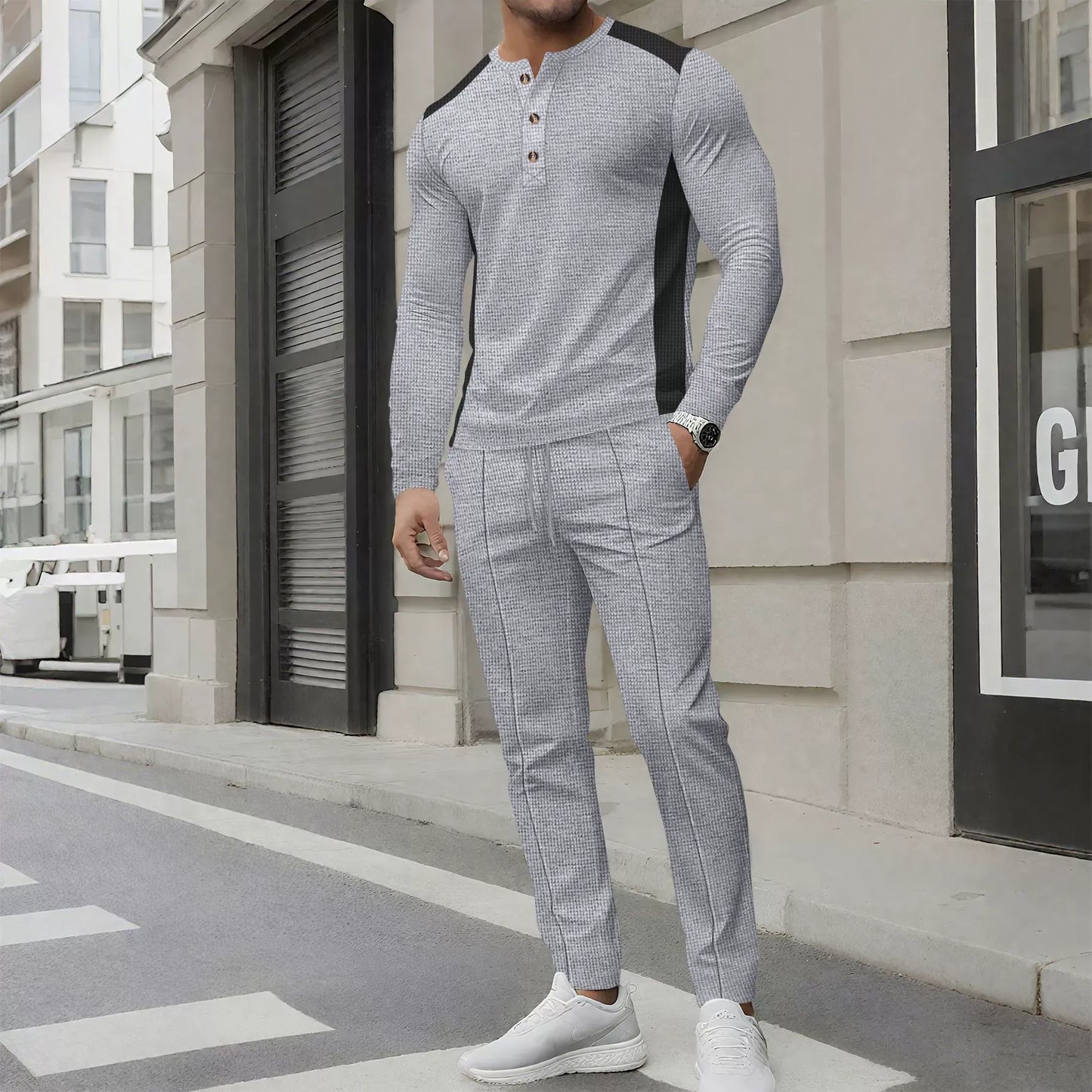 Herren Outfit: Slim Fit Henley Pullover & Hose