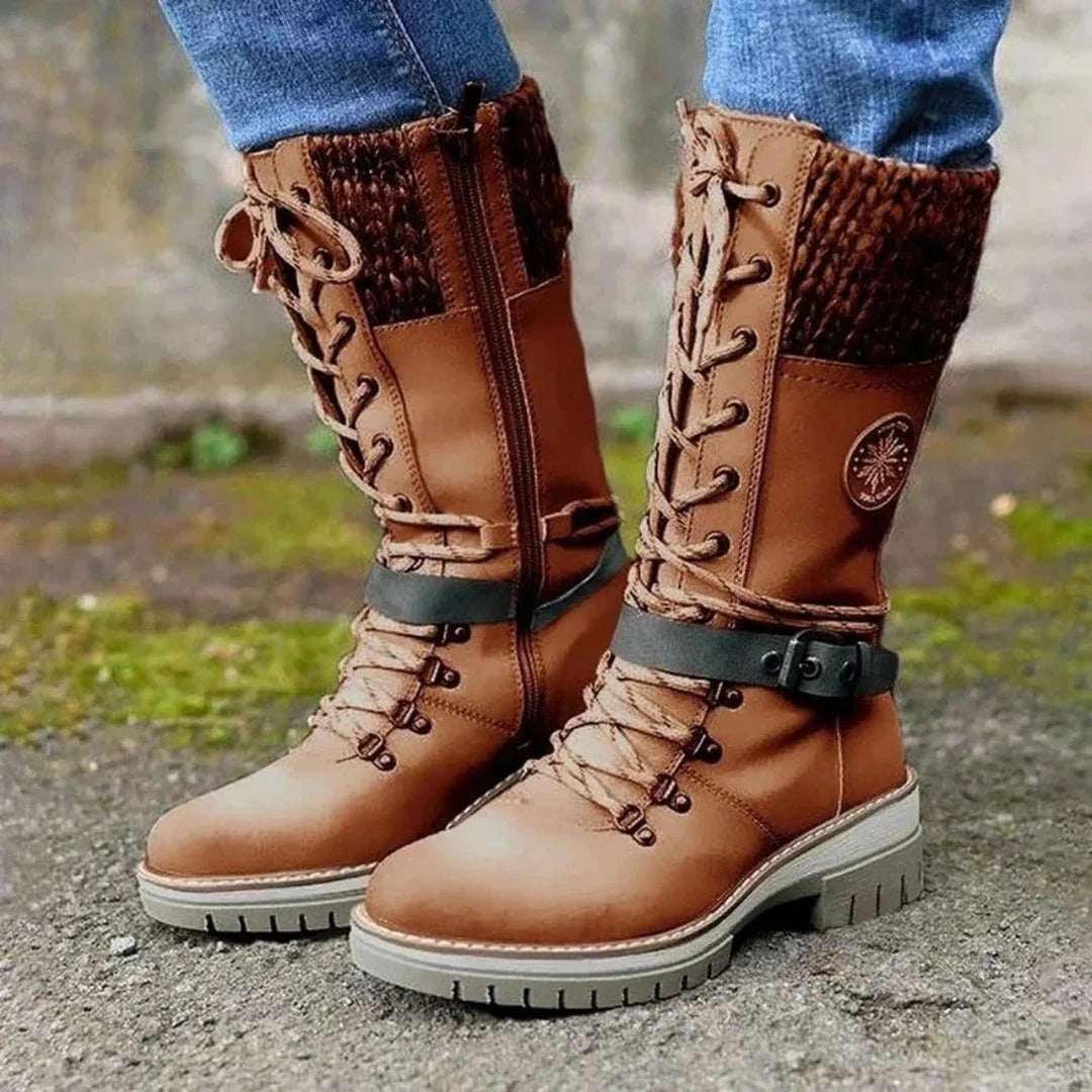 Knielange Stiefel Damen Schnürung Wollbund
