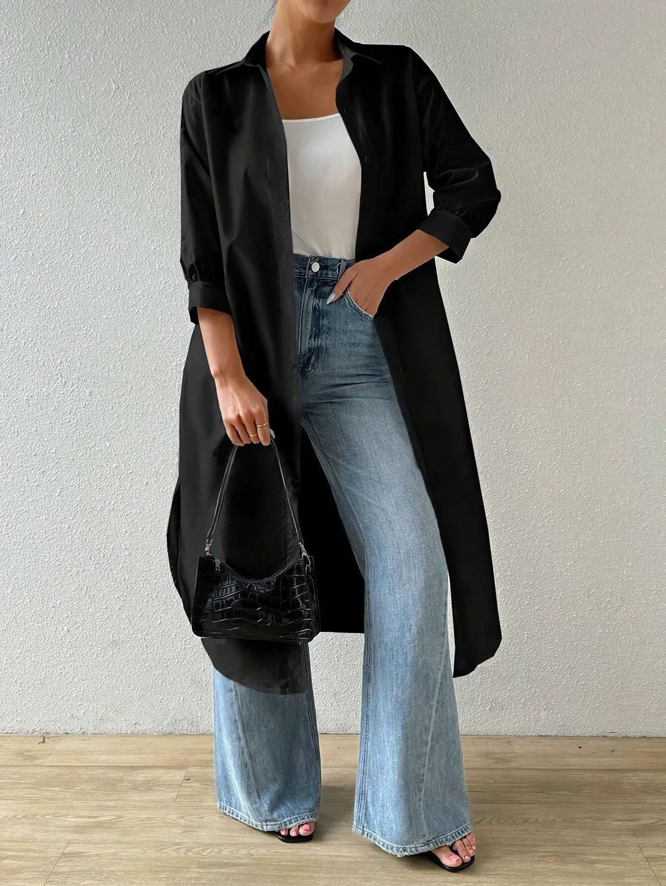 Damenschal Strickjacke Lang Ärmel Offene Vorderseite - IdealeKleiden