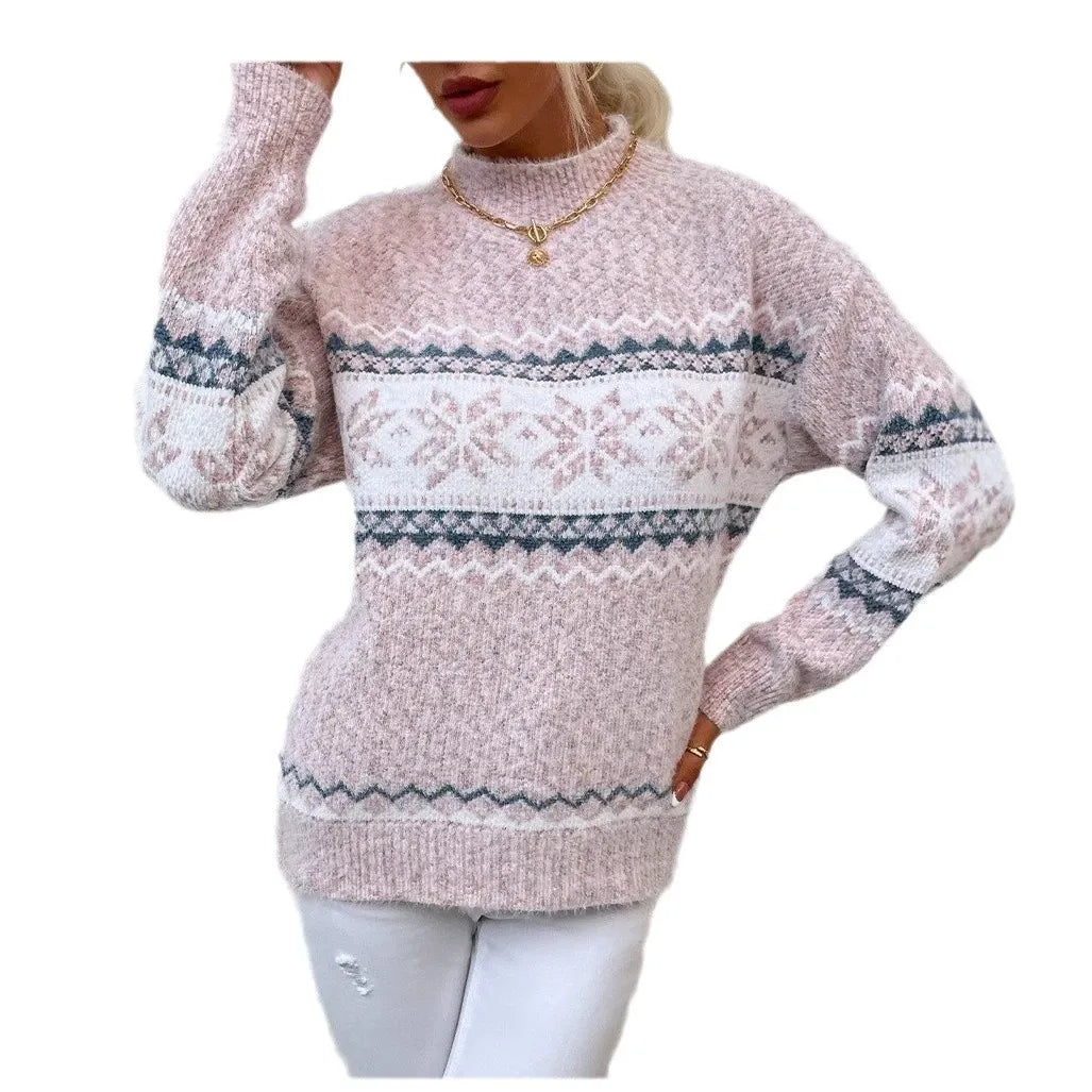 Warme Wollkleid Damen Entspannter Schnitt Schneemuster