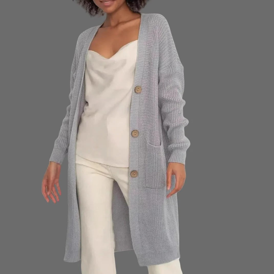 Lange Strickjacke Damen Weich Locke Schnitt mit Knöpfen und Taschen