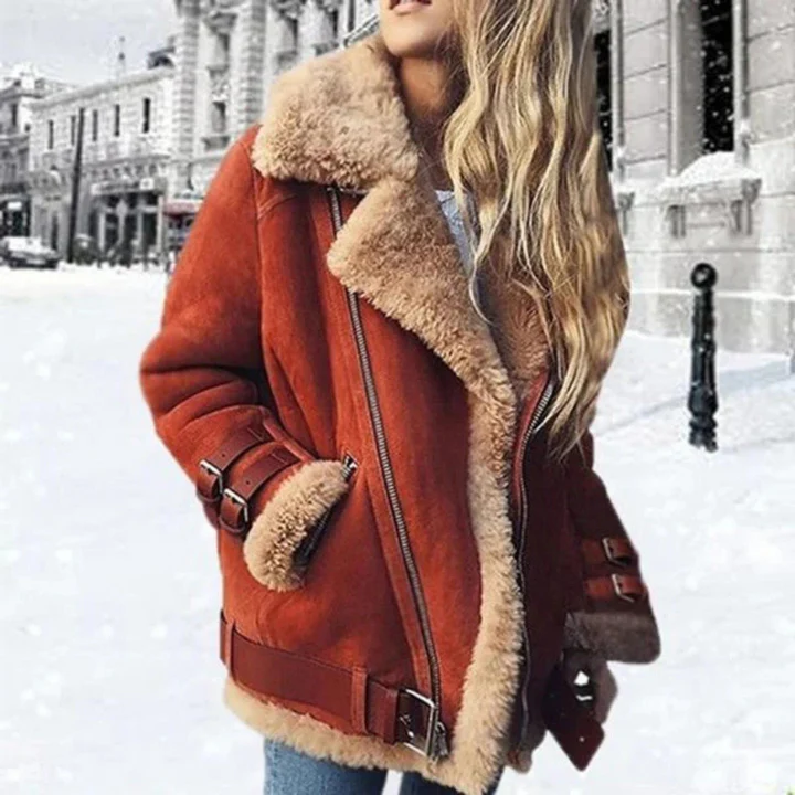 Übergröße Jacke Kunstsuede Futter Schafsleder Asymmetrisch - IdealeKleiden