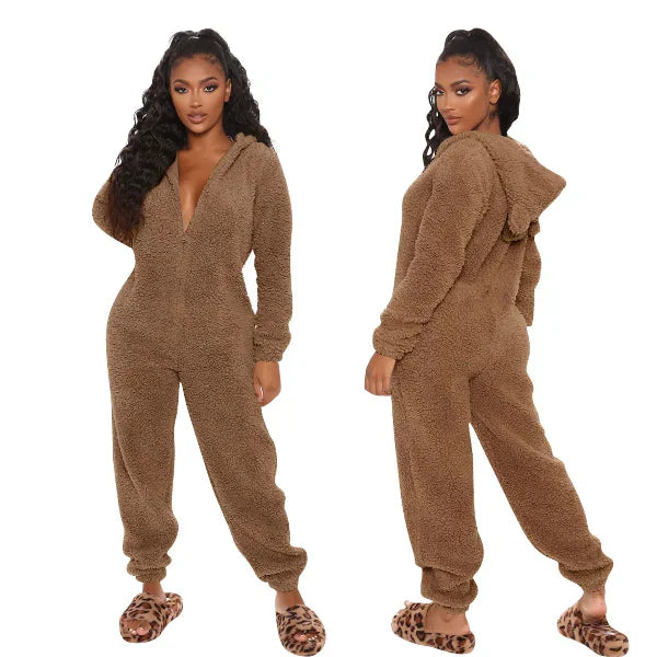 Damen Fleece-Overall Warm mit Kapuze