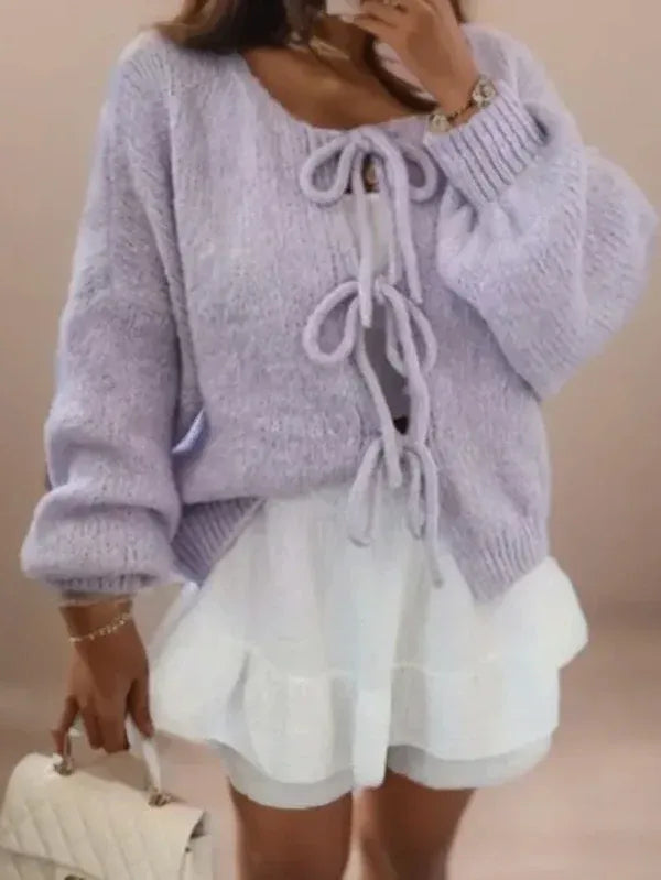 Übergröße Strickjacke mit Ballonärmeln und Bindebändern