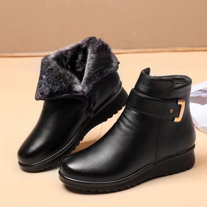 Warm Gefütterte Stiefeletten Leder Schnalle - IdealeKleiden