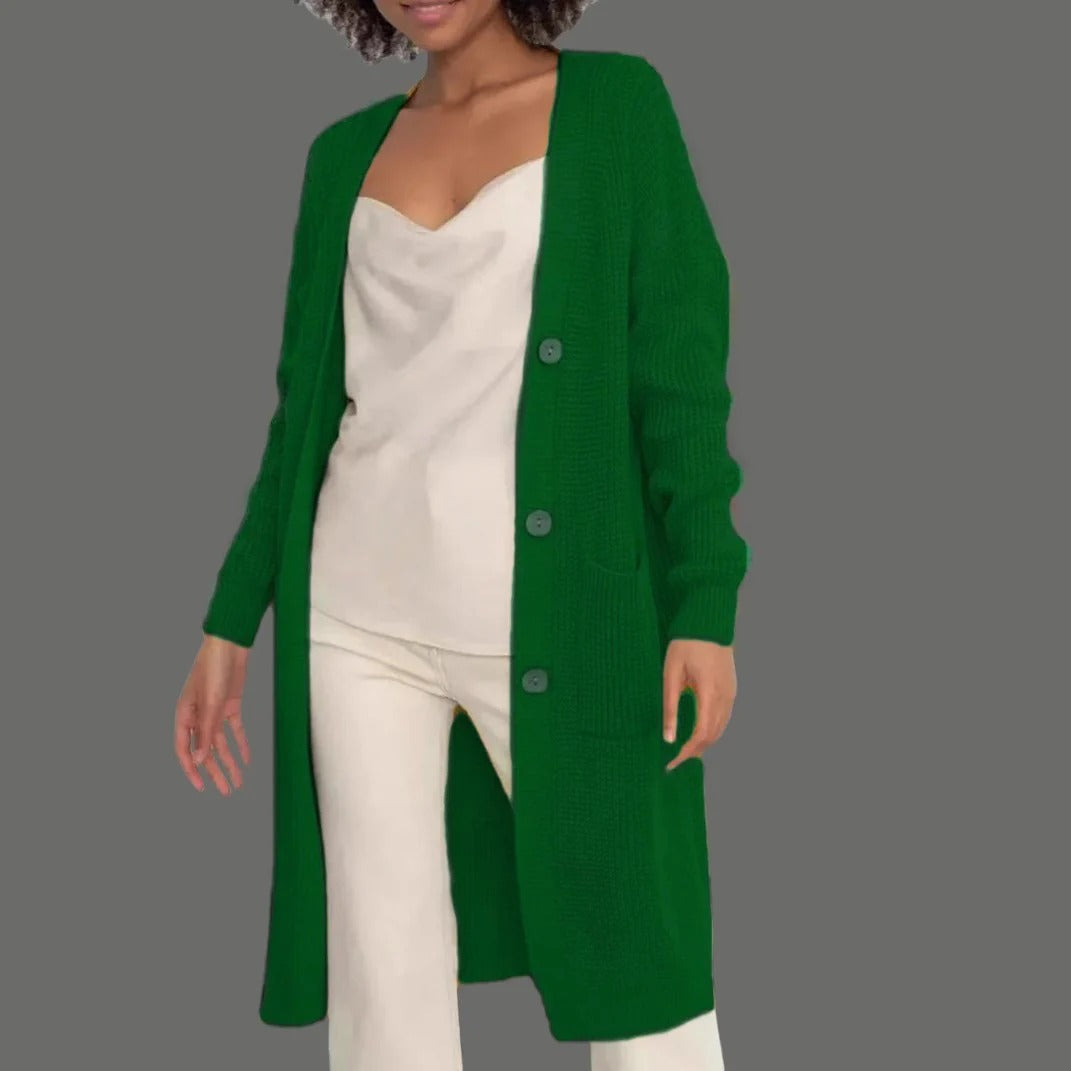 Lange Strickjacke Damen Weich Locke Schnitt mit Knöpfen und Taschen