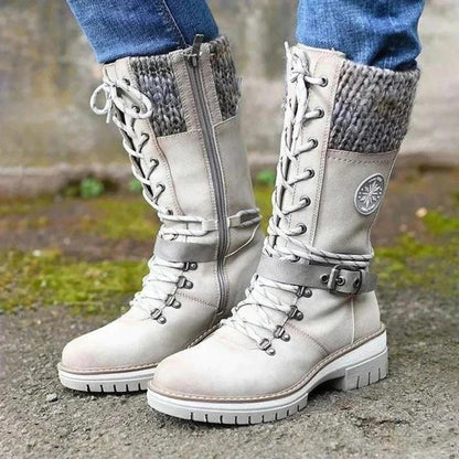 Knielange Stiefel Damen Schnürung Wollbund - IdealeKleiden