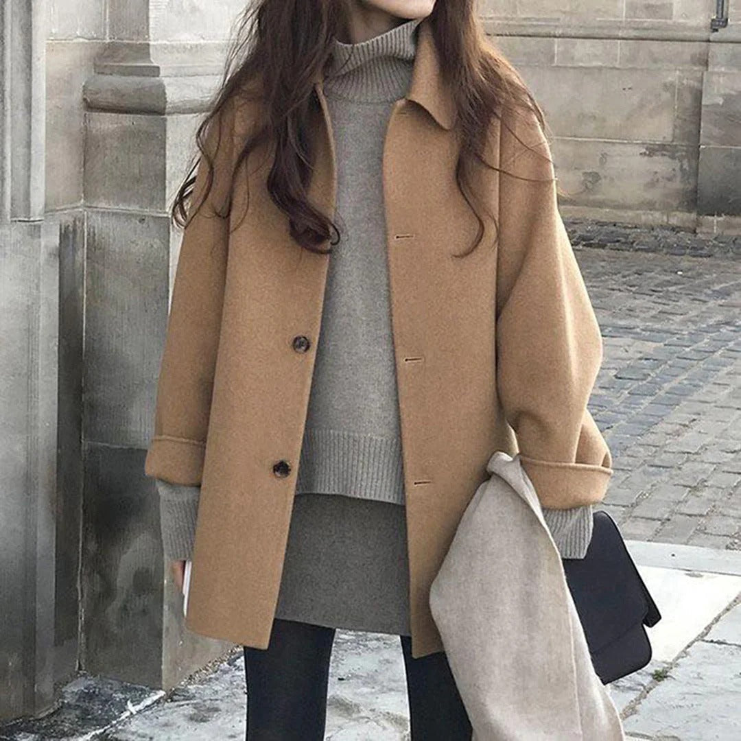 Elegante Damenjacke Wollig Lockere Passform Hüftlang - IdealeKleiden