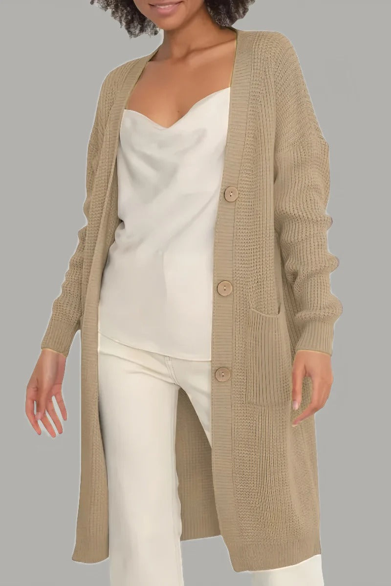 Lange Strickjacke Damen Weich Locke Schnitt mit Knöpfen und Taschen - IdealeKleiden