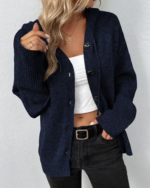 Bequeme Strickjacke Mit Kapuze und Knöpfen