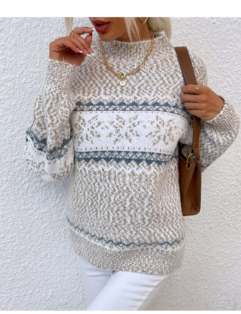 Warme Wollkleid Damen Entspannter Schnitt Schneemuster