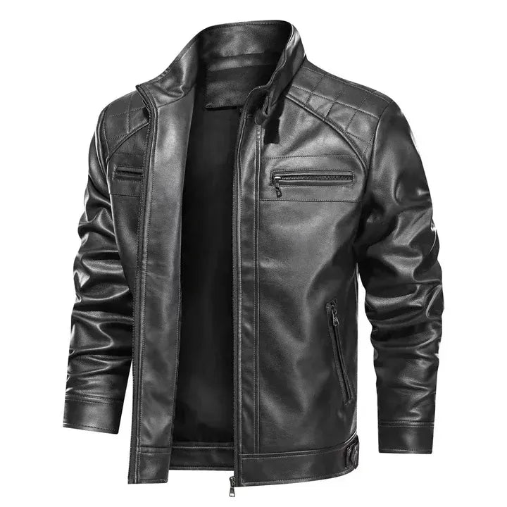 Lederjacke Slim Fit Schulterpolster Reißverschluss Bikerstil - IdealeKleiden