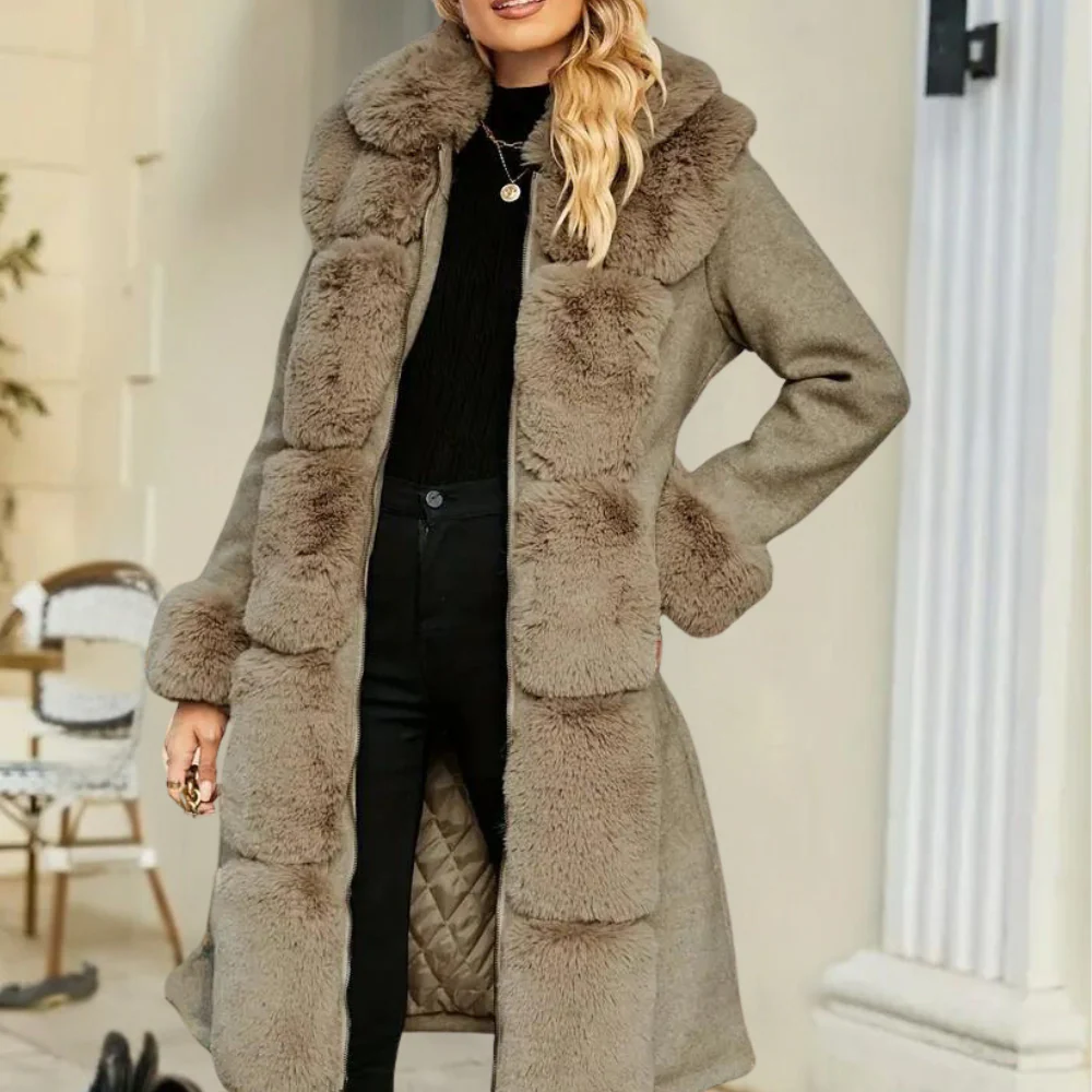 Damen Trenchcoat Wollmix Lockere Passform Kunstpelz