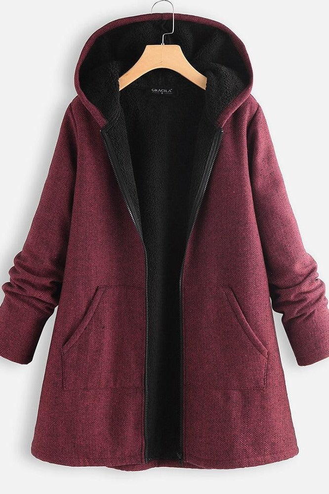 Mantel Damen Oversized Kapuze Fleece gefüttert
