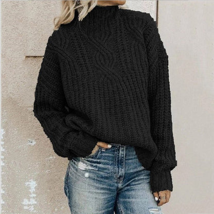 Damen Pullover Wolle Kabelstrick Hoher Kragen - IdealeKleiden