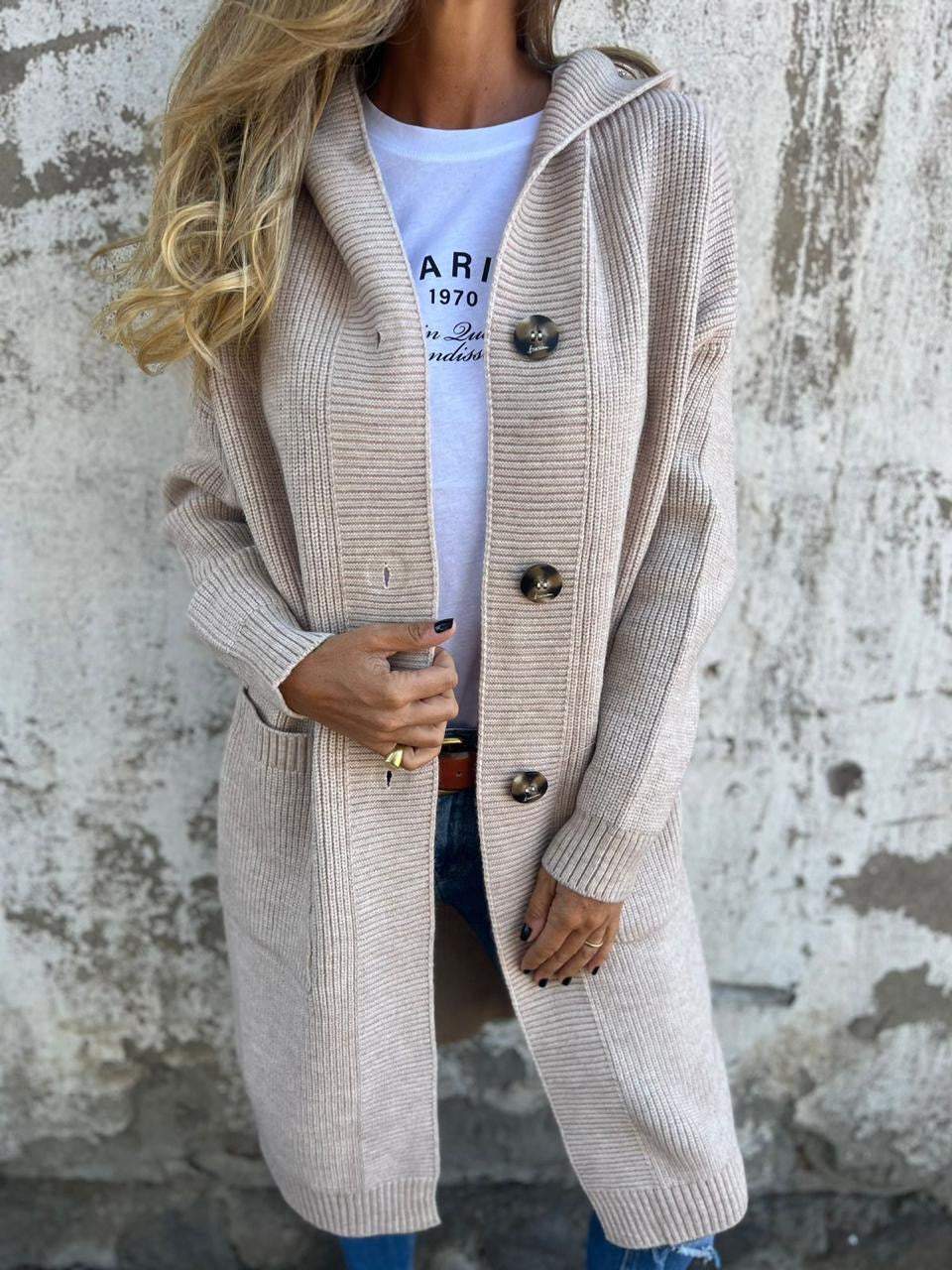 Langer Cardigan Offen mit Knöpfen & Taschen