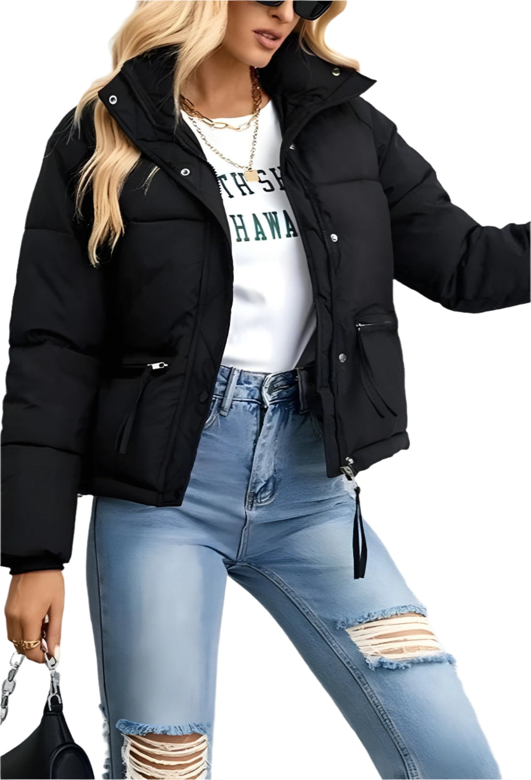 Warme Damen Pufferjacke mit Reißverschluss und Hohem Kragen → Damen Winterjacke Warm Isoliert Modern