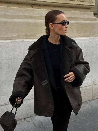 Stylische Faux-Schafwoll-Jacke Motorrad-Look