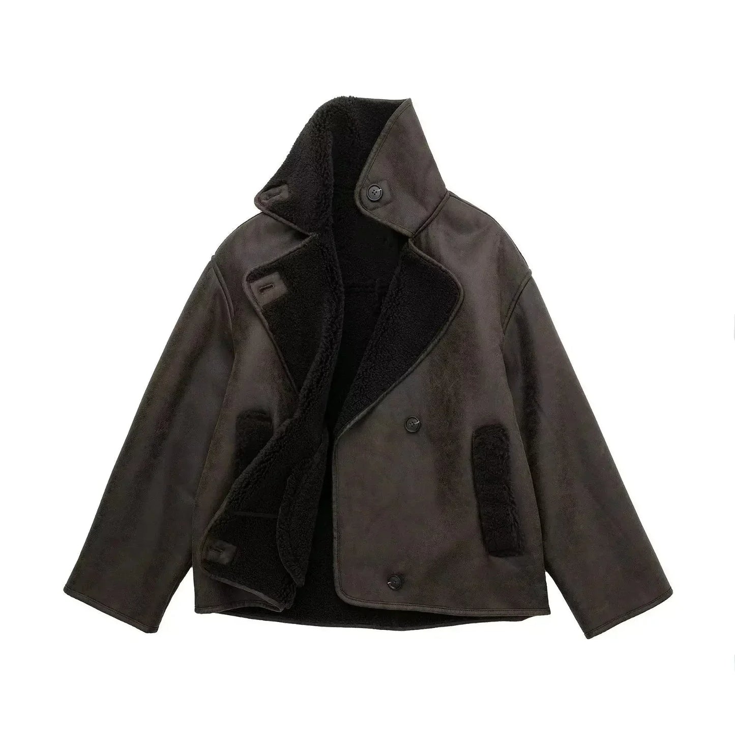 Stylische Faux-Schafwoll-Jacke Motorrad-Look - IdealeKleiden