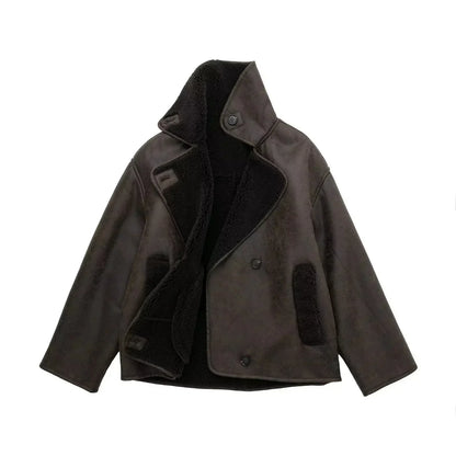 Stylische Faux-Schafwoll-Jacke Motorrad-Look - IdealeKleiden