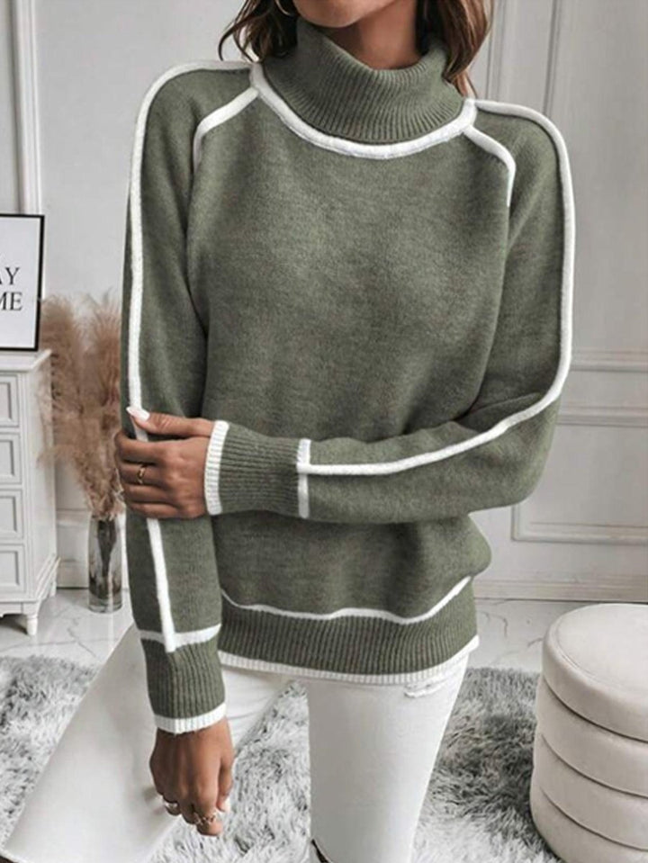 Feinstrick Pullover Damen Rollkragen Kontrast