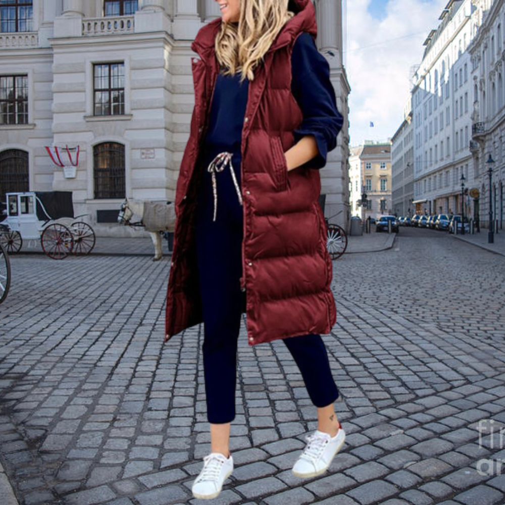 Lang Gepolsterte Steppjacke Mit Kapuze Und Taschen