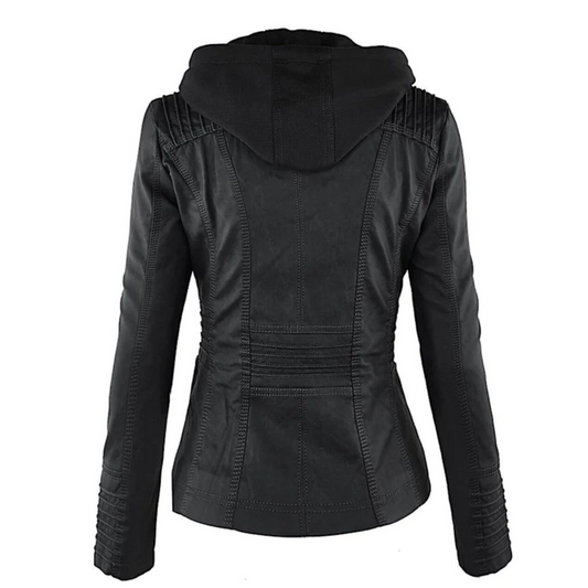 Elegante Damen Lederjacke Kapuze Style - IdealeKleiden