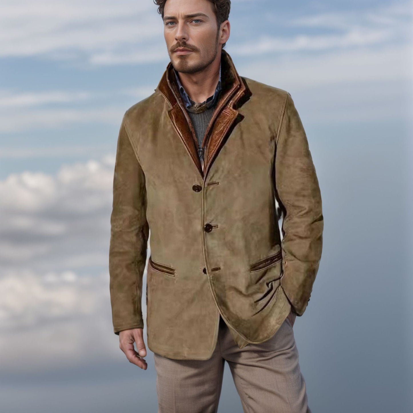 Herren Wildlederjacke Leder Optik Reverskragen Stil
