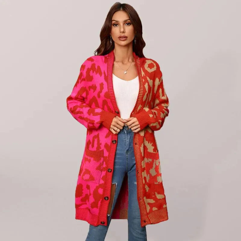 Lange Leoparden Strickjacke Damen Pullover