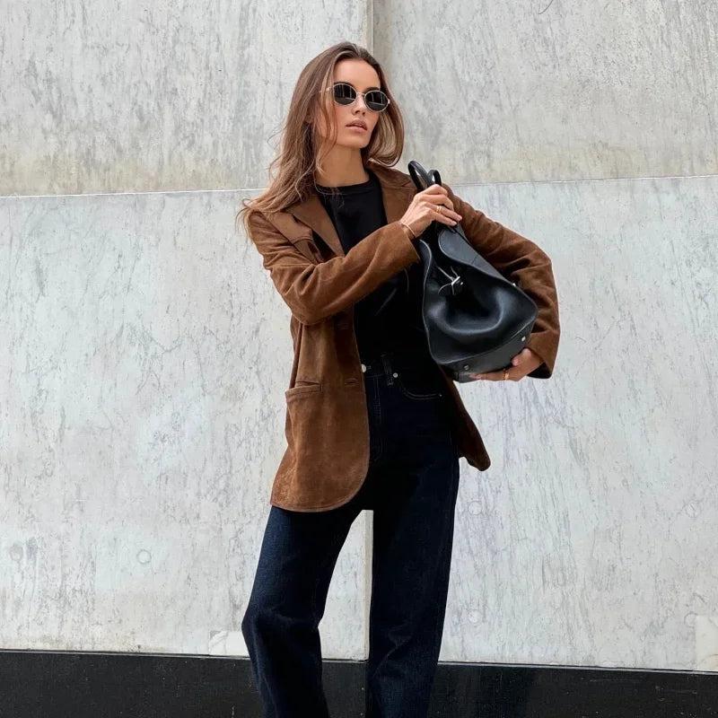 Stylische Damenjacke Wildleder Braun - IdealeKleiden
