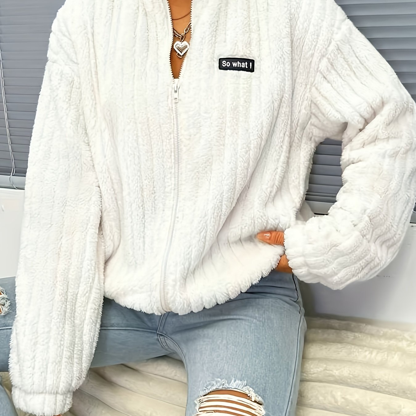 Teddyjacke Damen Langärmlig Rippverarbeitung