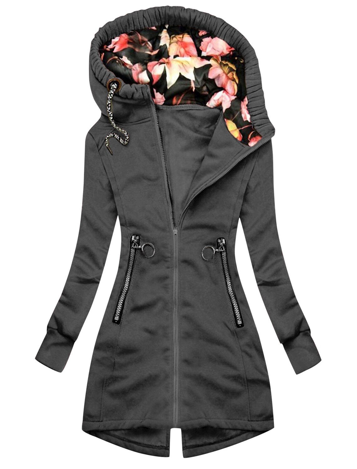 Stylische Damenjacke | Wintermantel mit Stehkragen, Reißverschlusstaschen und Kapuze