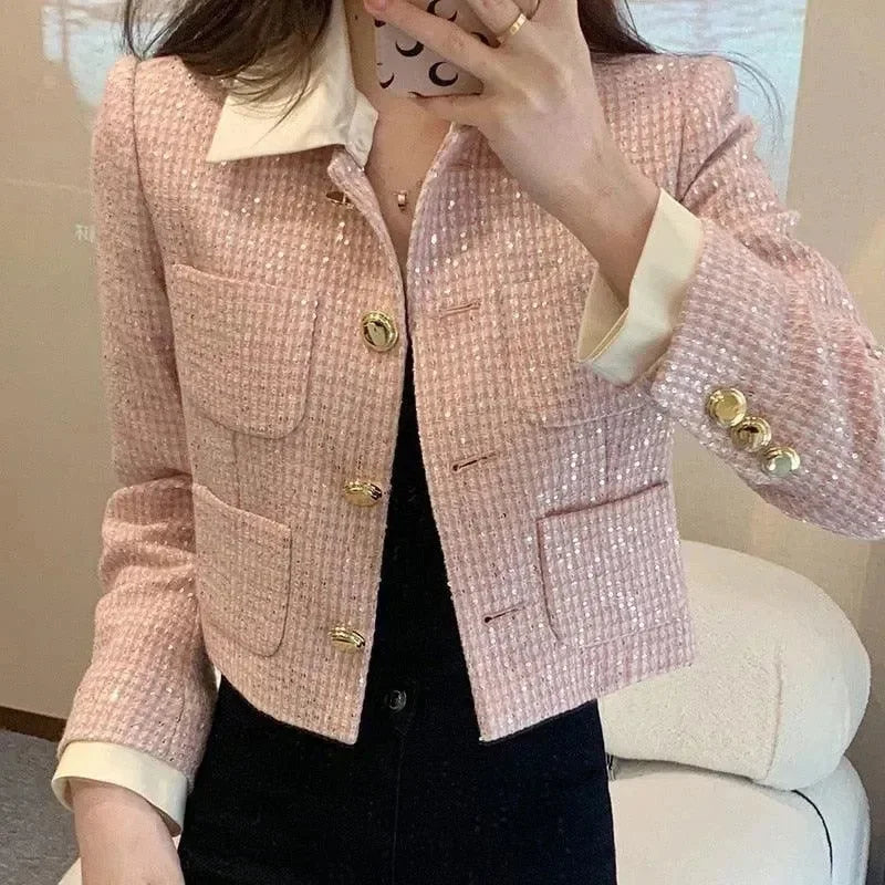 Modische Damenjacke Patchwork Tweed Optik