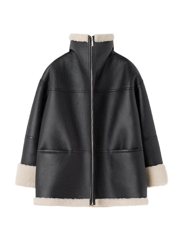 Schaffelljacke Oversized Reißverschluss Wendbar