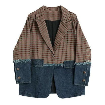 Karierte Denim Blazer Damen Übergröße Lässig Patchwork