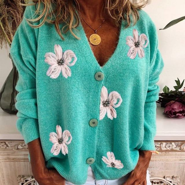 Damen Cardigan Frühling Blumenmuster Strickjacke - IdealeKleiden