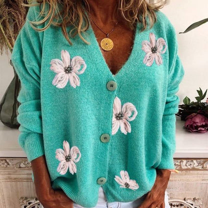 Damen Cardigan Frühling Blumenmuster Strickjacke - IdealeKleiden