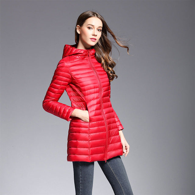 Lange Daunenjacke Kapuze Warm Isolierend