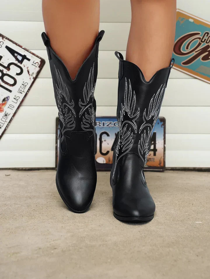 Damen Cowboy-Stiefel PU-Leder Weich Schwarz