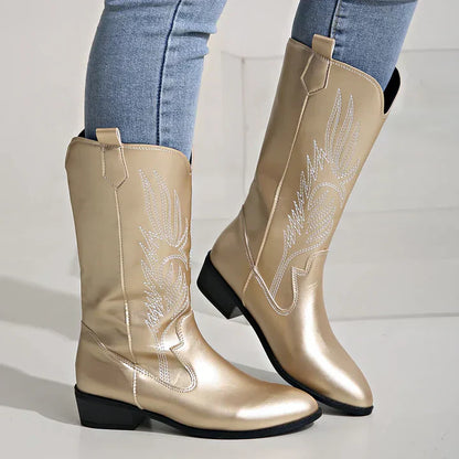 Damen Cowboy-Stiefel PU-Leder Weich Schwarz