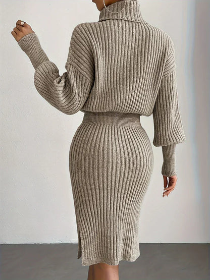 Strick Kleidung Damen Set mit Rollkragen Pullover und Midi Rock - IdealeKleiden