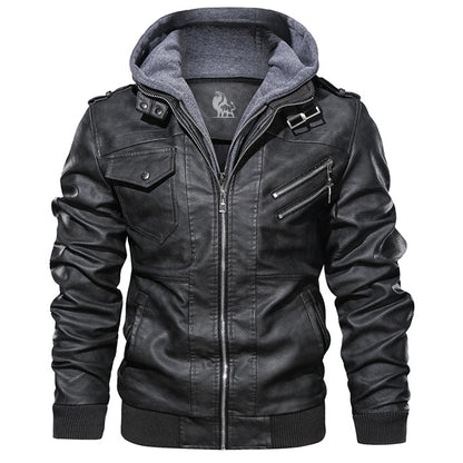 Herren Lederjacke Schwarz mit Abnehmbarer Kapuze