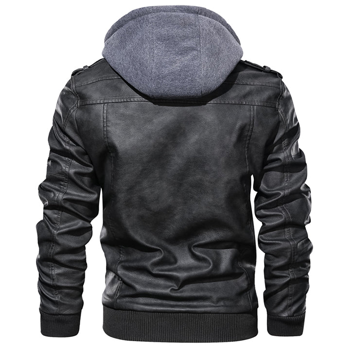 Herren Lederjacke Schwarz mit Abnehmbarer Kapuze - IdealeKleiden