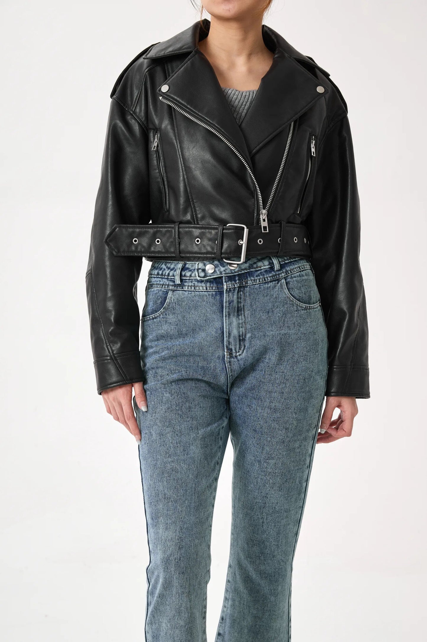 Kurze Lederjacke Biker Stil Vintage Look